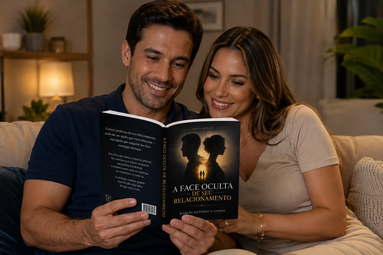 Casal sentado no sofá lendo juntos o livro A Face Oculta de Seu Relacionamento