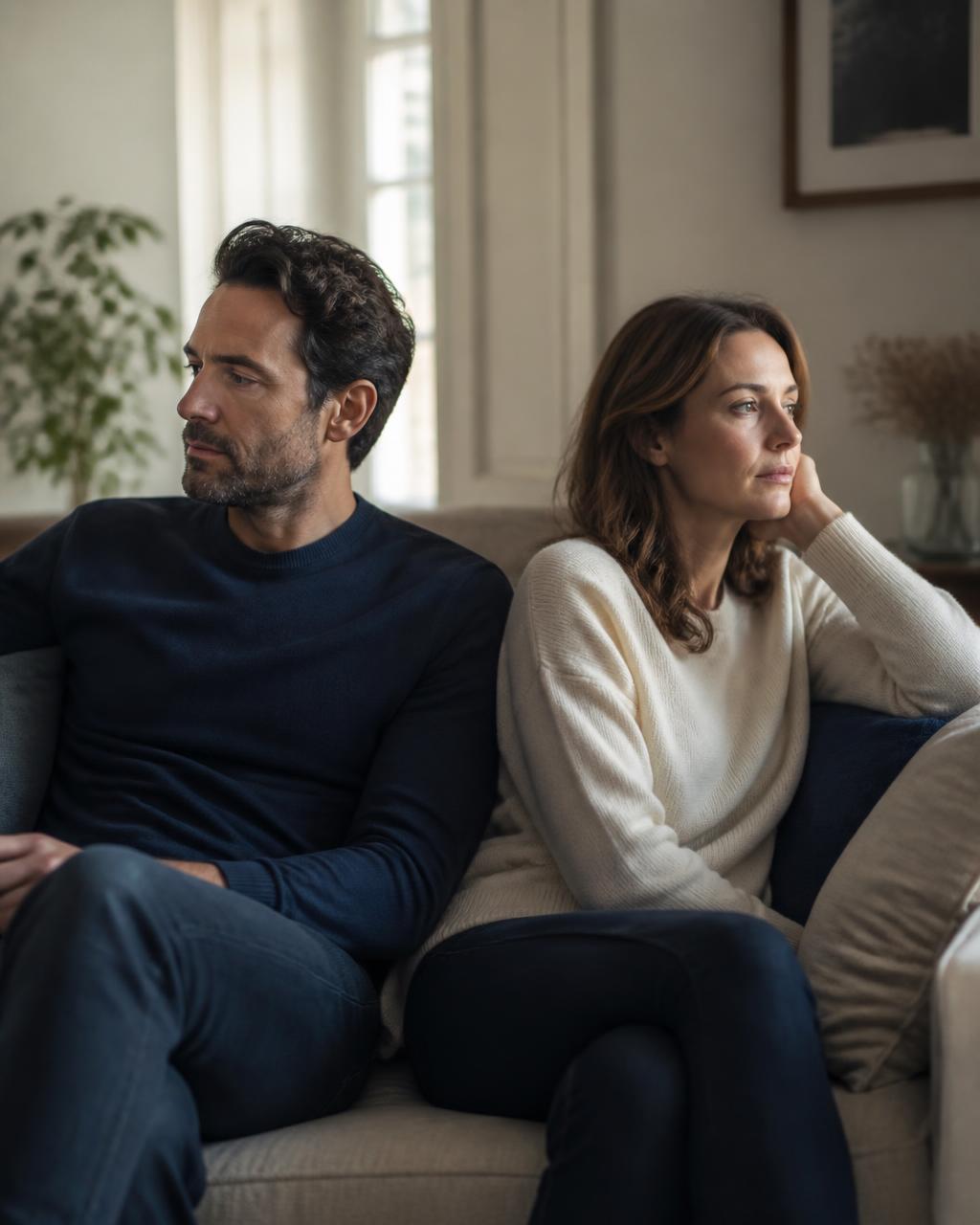 Casal sentado no sofá, próximo fisicamente e distante emocionalmente