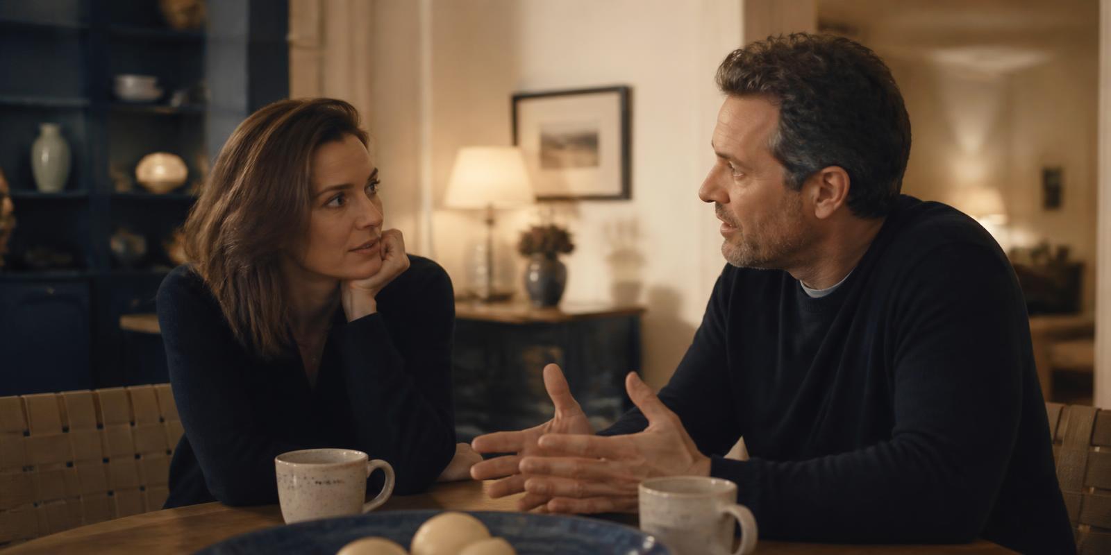 Casal conversando tranquilamente à mesa de casa, um fala enquanto o outro escuta